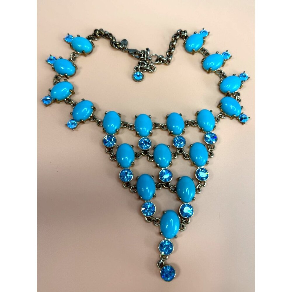 Suzanne Somers Glass Cabochon Bib Necklace Turquoise Blue Rhinestone Adjustable - Picture 1 of 7
